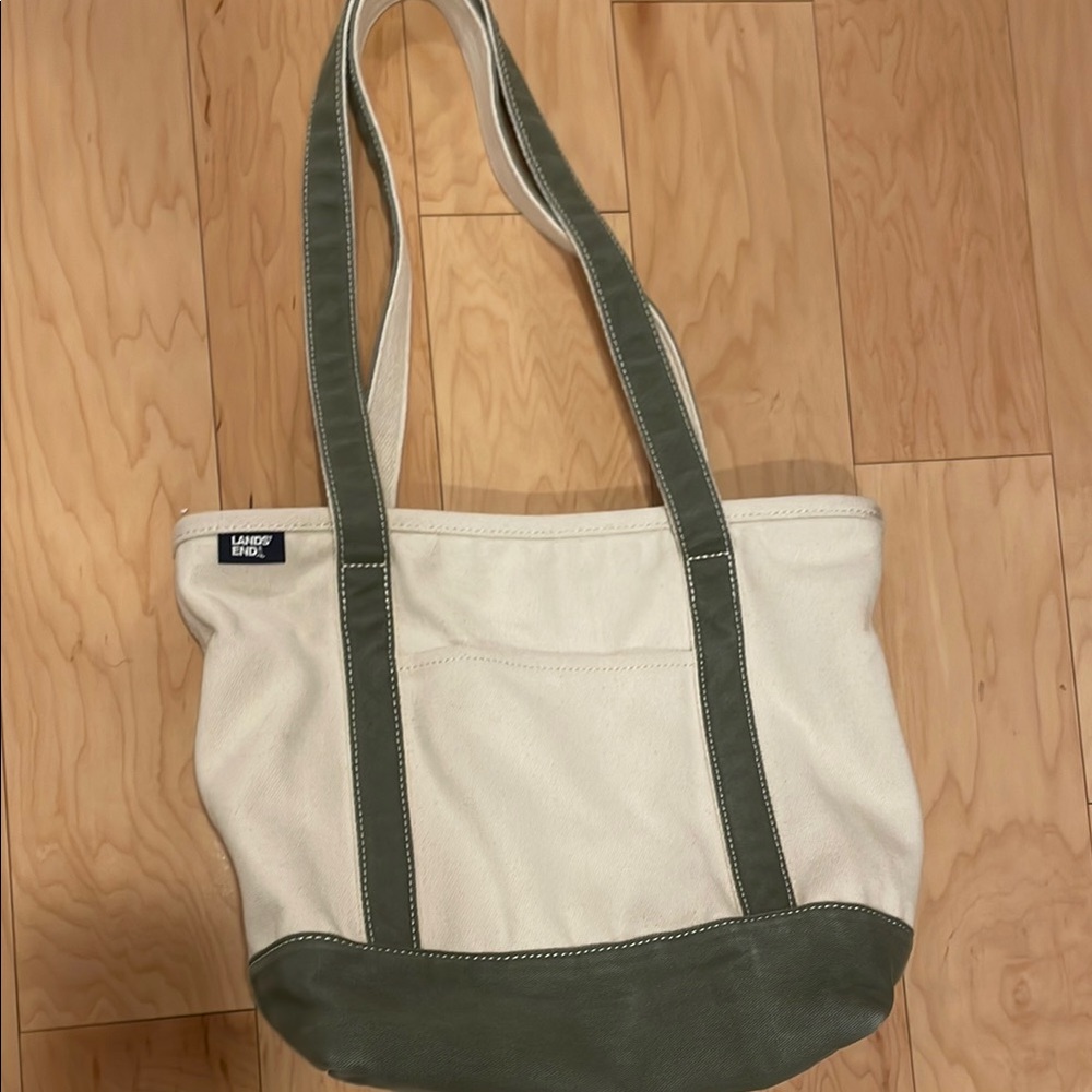 Lands' End Green and Cream Canvas Tote